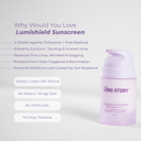 Benefits: broad-spectrum UVA/UVB protection, antioxidant defense, lightweight, no white cast